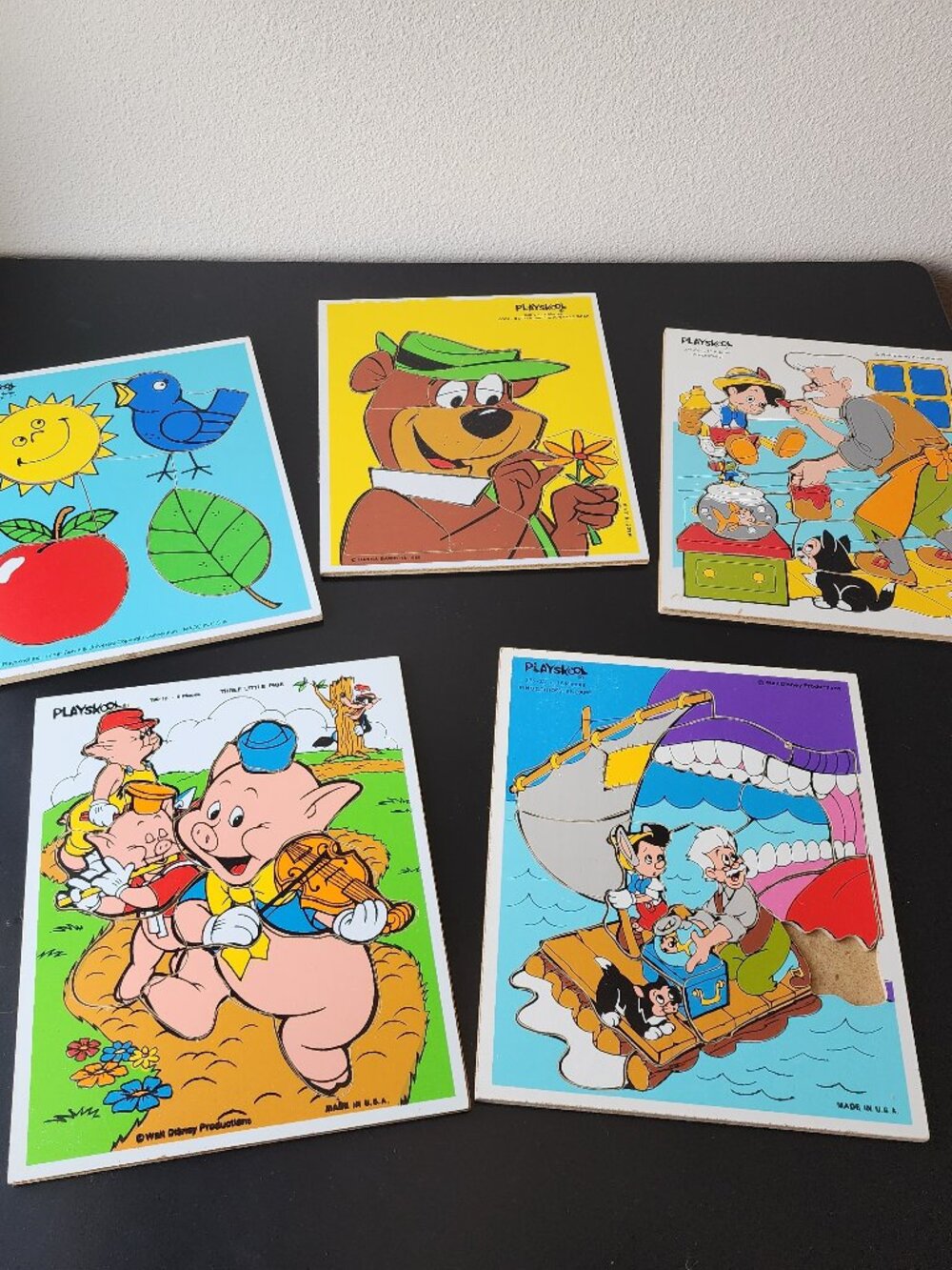 Lot of 5 Vintage 80's Wooden Playskool Tray Puzzle Boards Disney Pinocchio Yogi